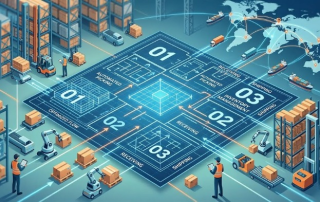 An isometric illustration of a futuristic smart warehouse blueprint and global logistics network