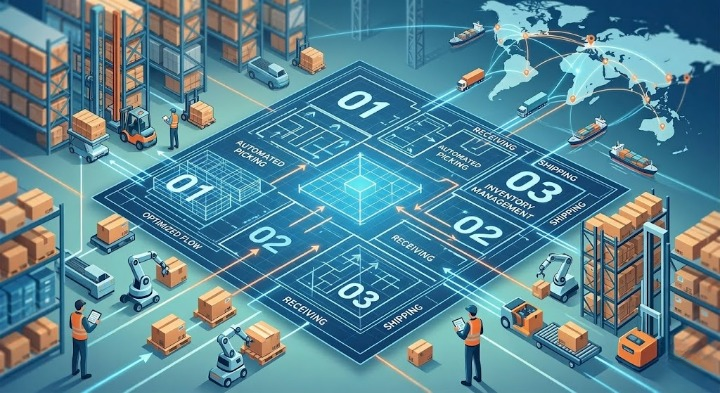 An isometric illustration of a futuristic smart warehouse blueprint and global logistics network