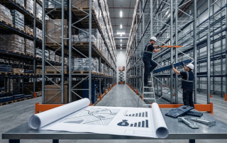 Warehouse installation crew building tall steel pallet racking, with project blueprints and budget estimation charts on a workbench in the foreground.