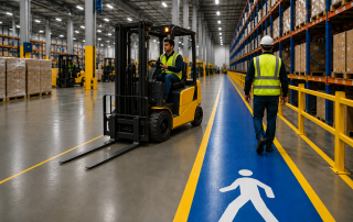 Busy industrial warehouse with forklifts