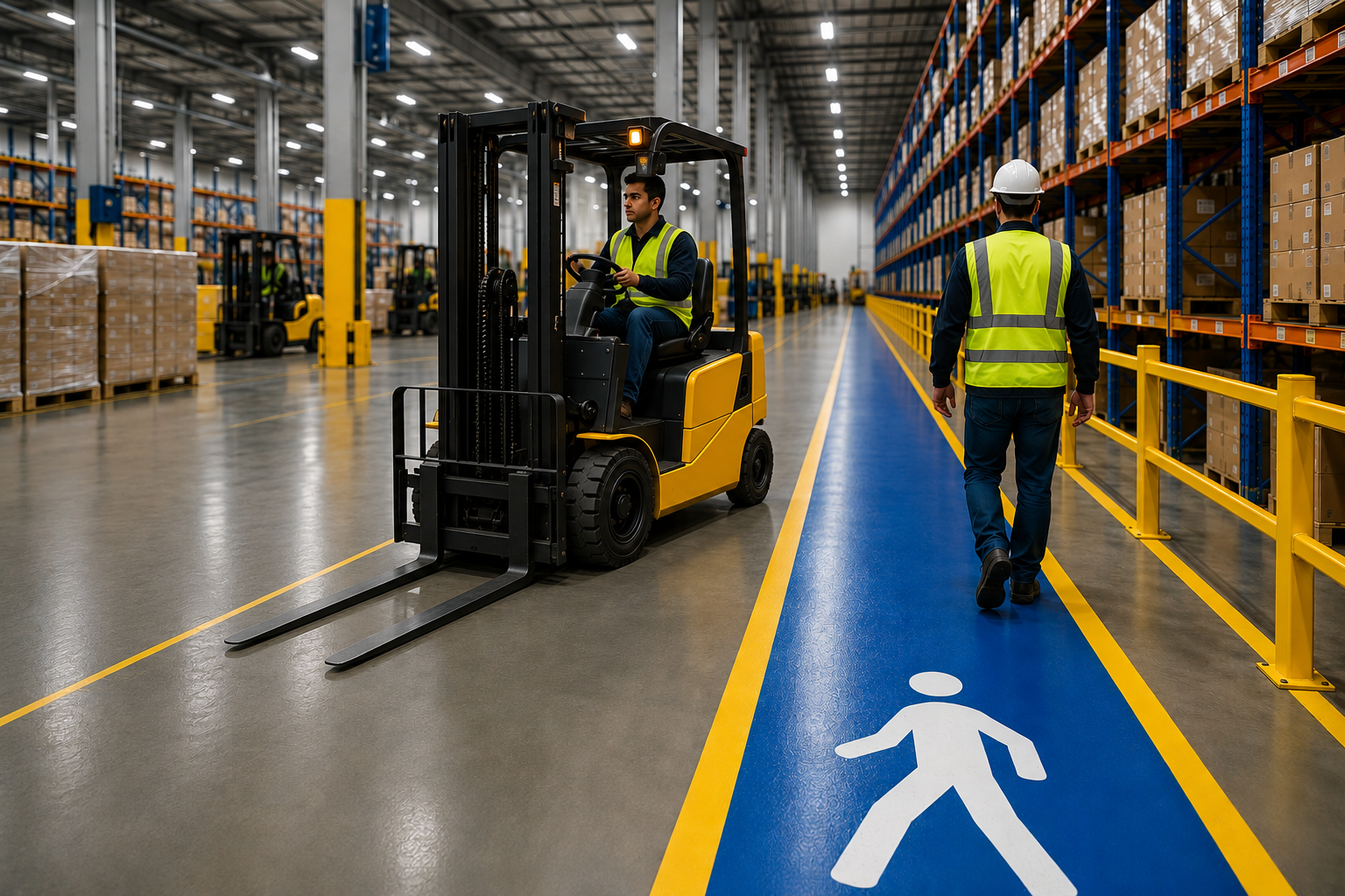 Busy industrial warehouse with forklifts