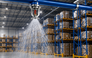 Industrial sprinkler in action above racks