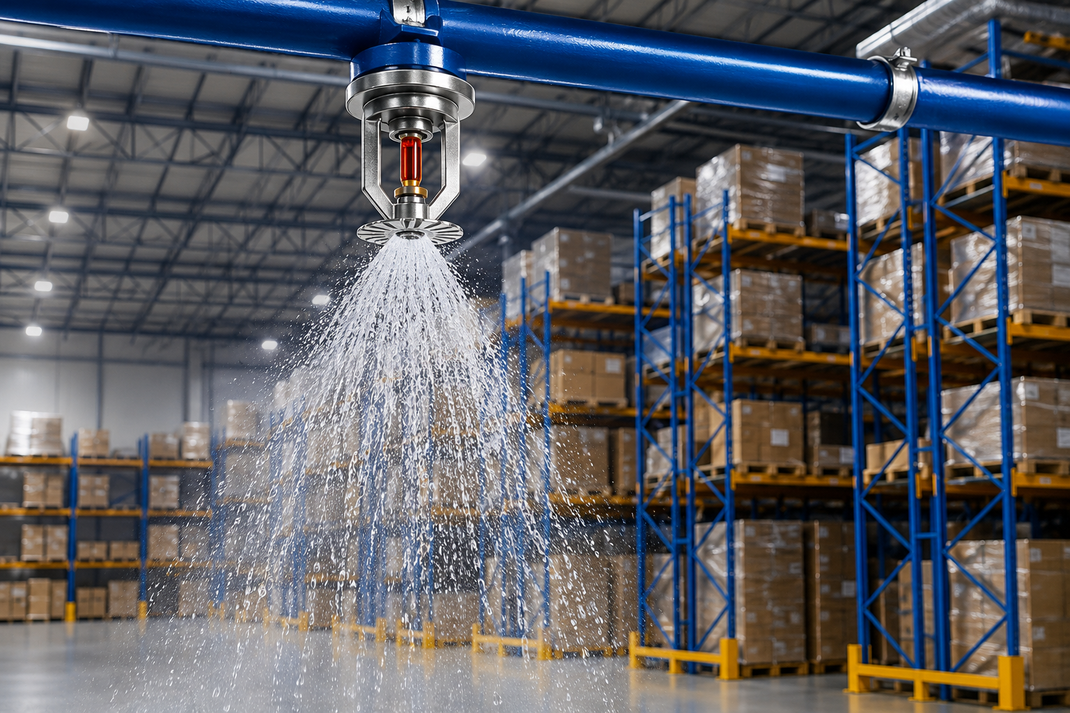 Industrial sprinkler in action above racks